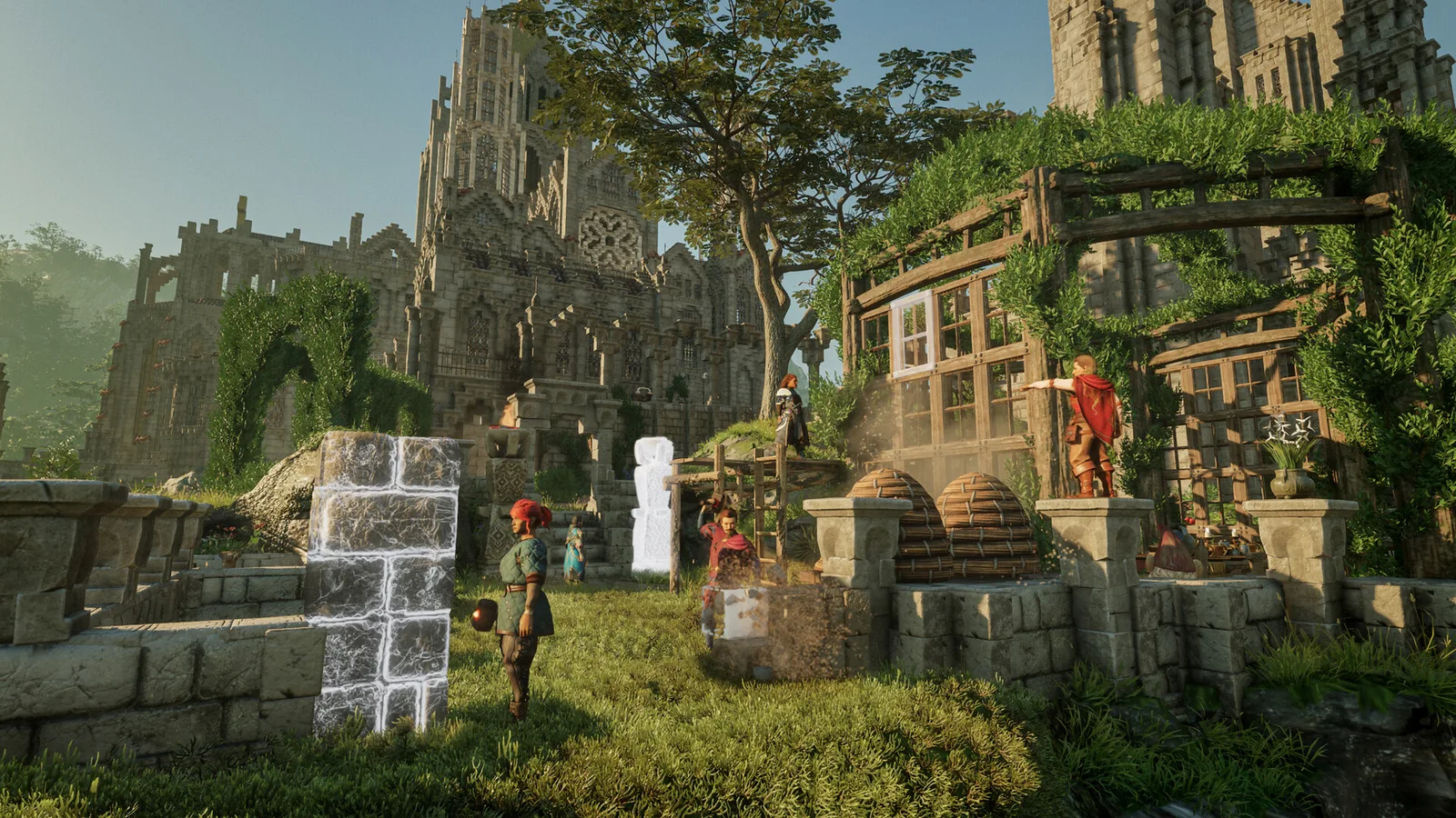 A Flameborn places building blocks beside a furnished stone home in Enshrouded.