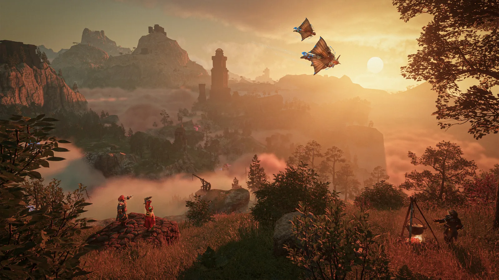 A Flameborn surveys Enshrouded’s mist-filled valleys from a rocky overlook.